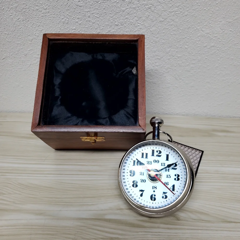 Paperweight Desk Clock Compass* w Brown Wooden Glass Top Box